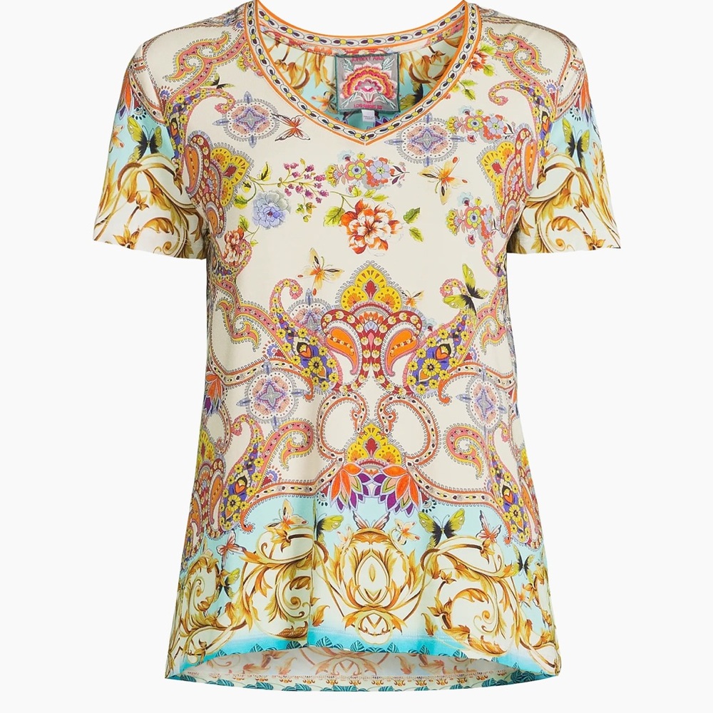 Johnny Was Sz S Top The Janie Favorite Printed V-Neck T-Shirt Boho Southwestern